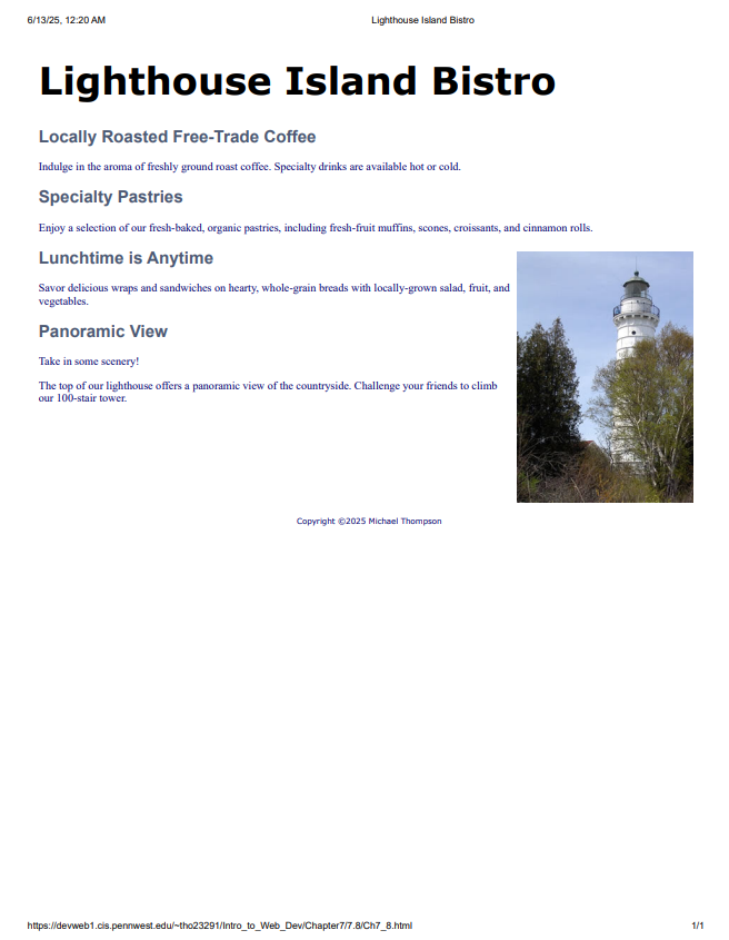 Screenshot of printing web page