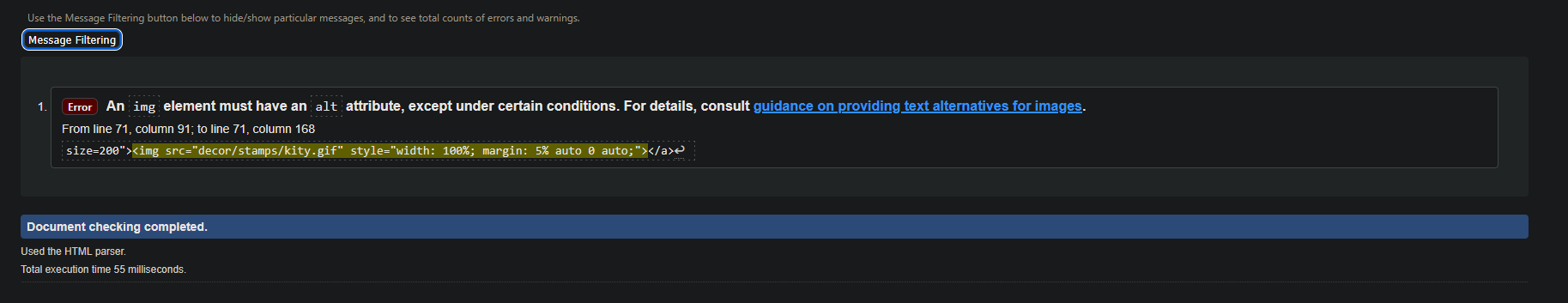 A screenshot from the Markup Validation Service featuring only one error.