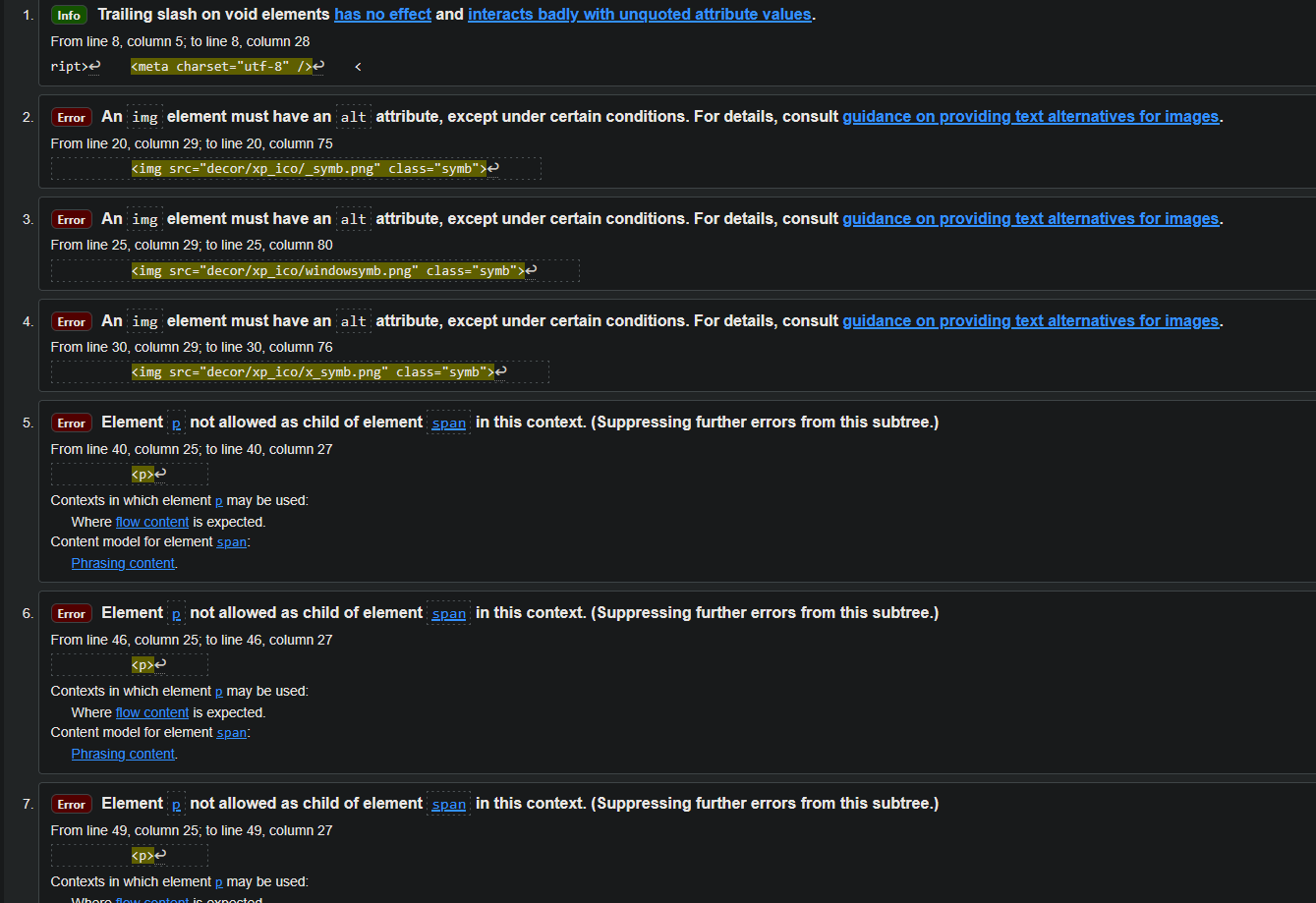 A screenshot from the Markup Validation Service featuring several errors, mostly of the same two issues.